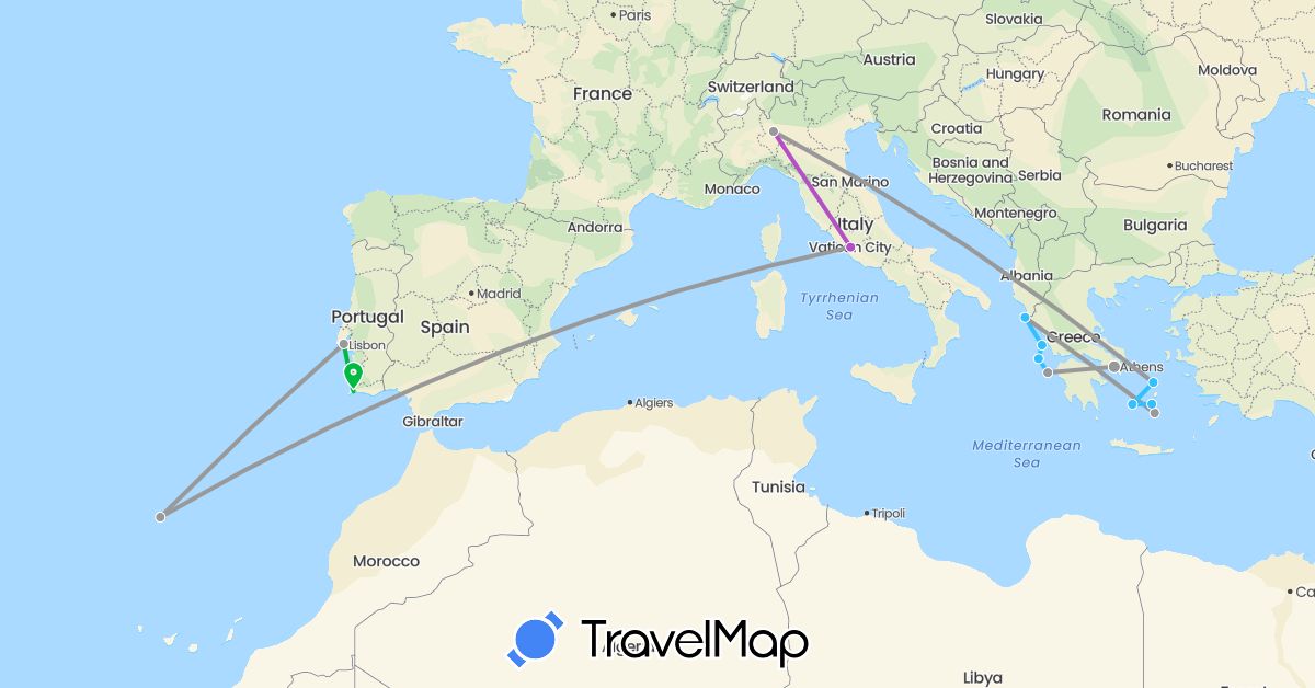TravelMap itinerary: driving, bus, plane, train, boat in Greece, Italy, Portugal (Europe)
